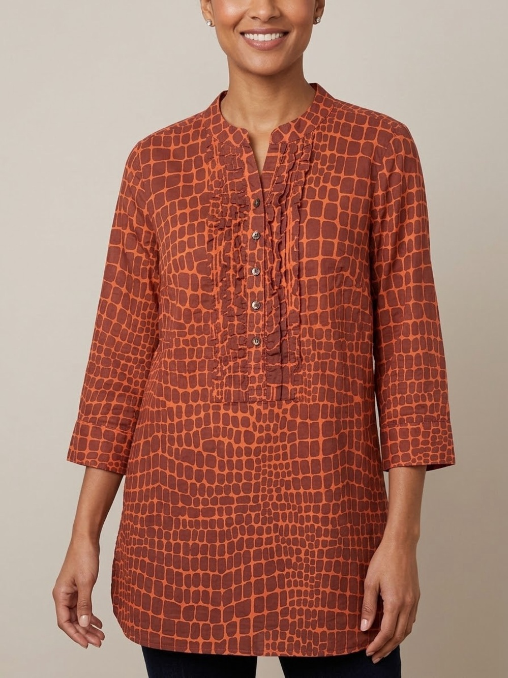 Isaac Mizrahi LIVE Small Tunic Top Rust Orange Geo Grid Boho Lagenlook Cotton